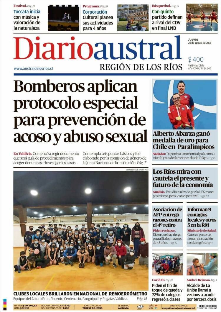 Portada de El Diario Austral de Valdivia (Chile)