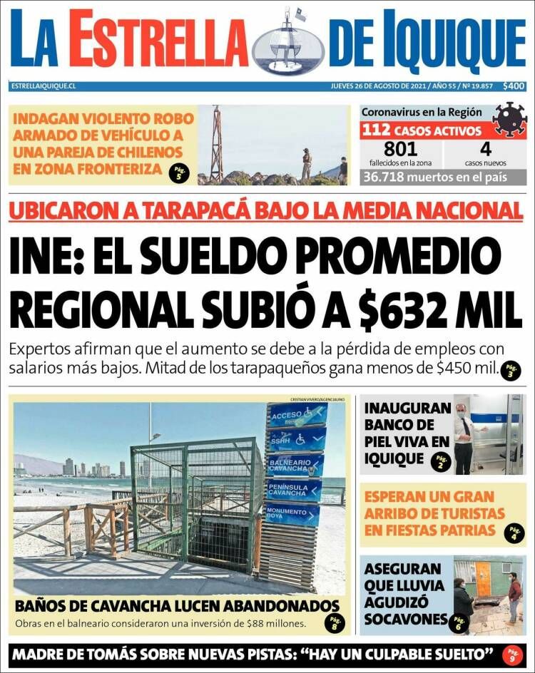 Portada de La Estrella de Iquique (Chile)