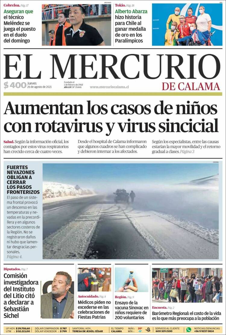 Portada de El Mercurio - Calama (Chile)