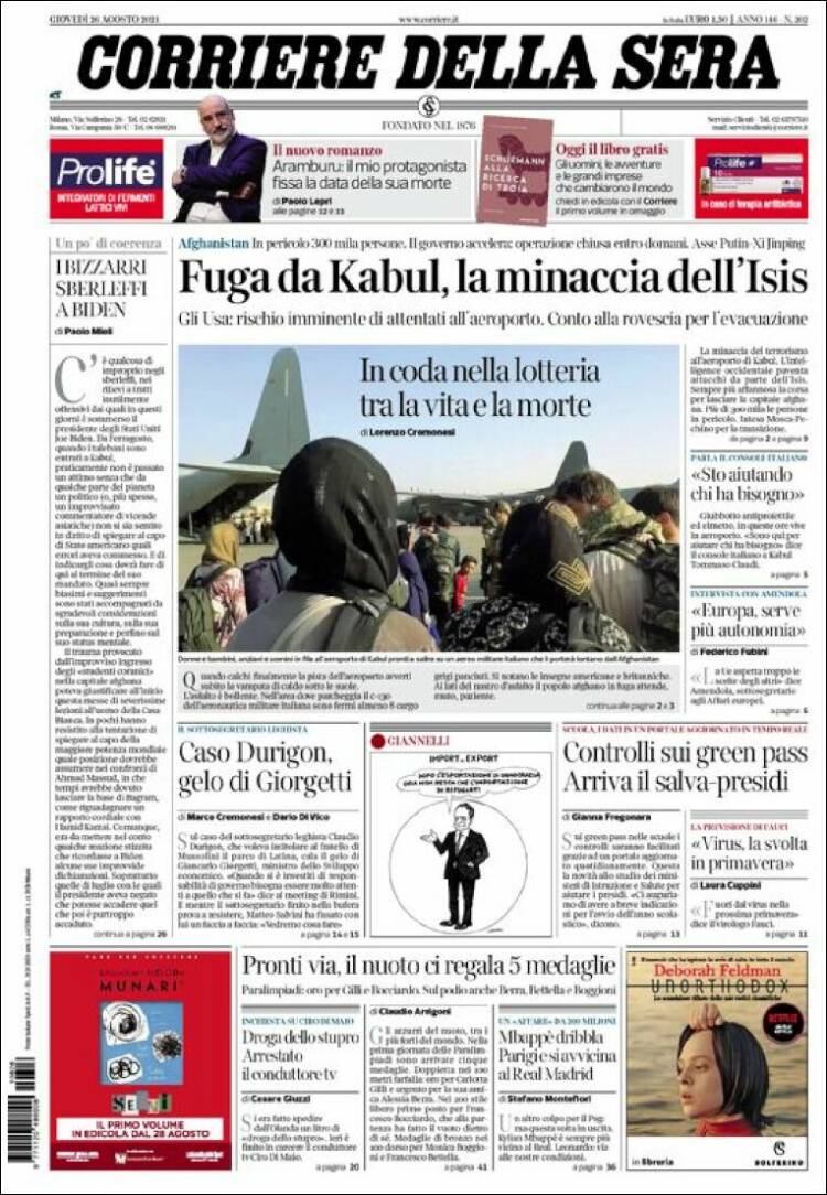 Portada de Corriere della Sera (Italia)