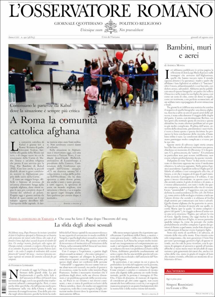 Portada de L'Osservatore Romano (Italia)