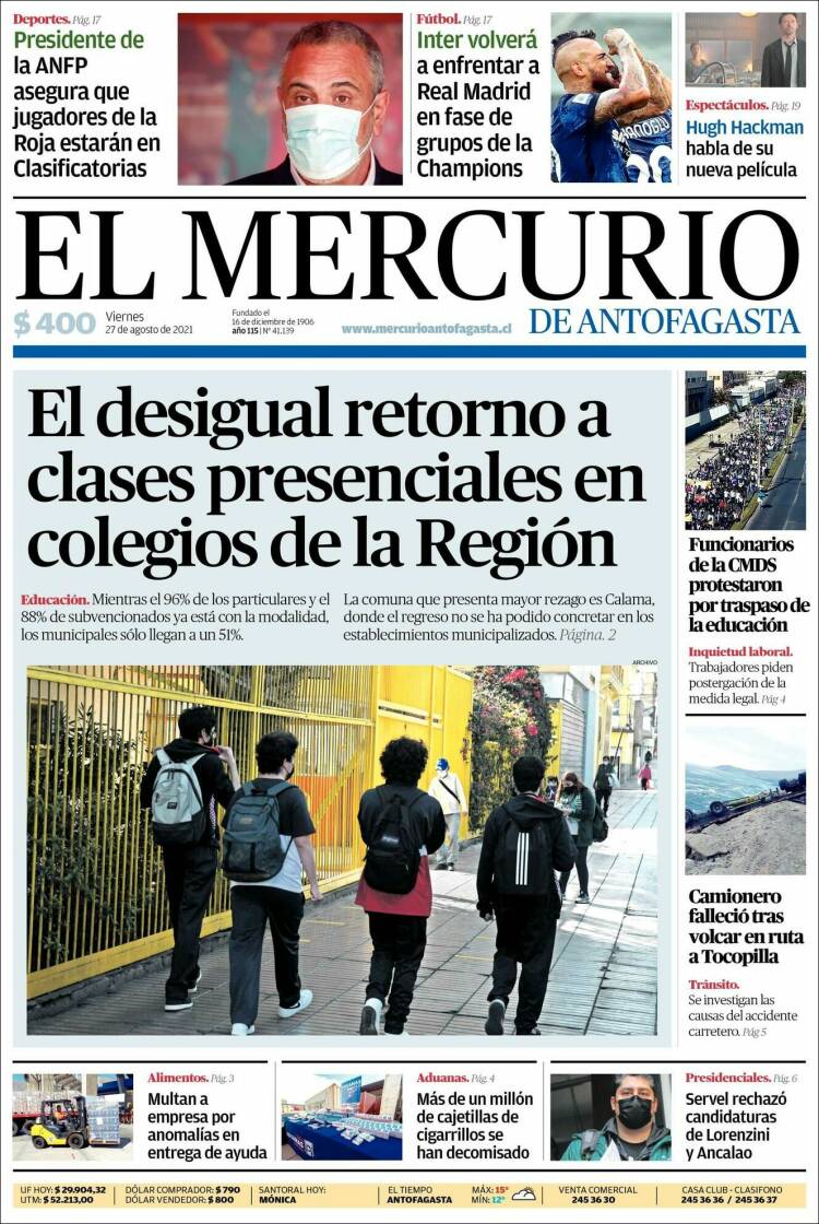 Portada de El Mercurio de Antofagasta (Chile)