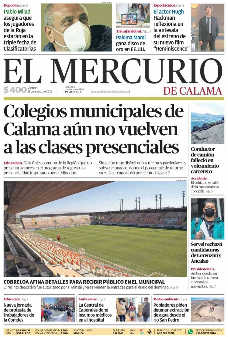 Portada de El Mercurio - Calama (Chile)