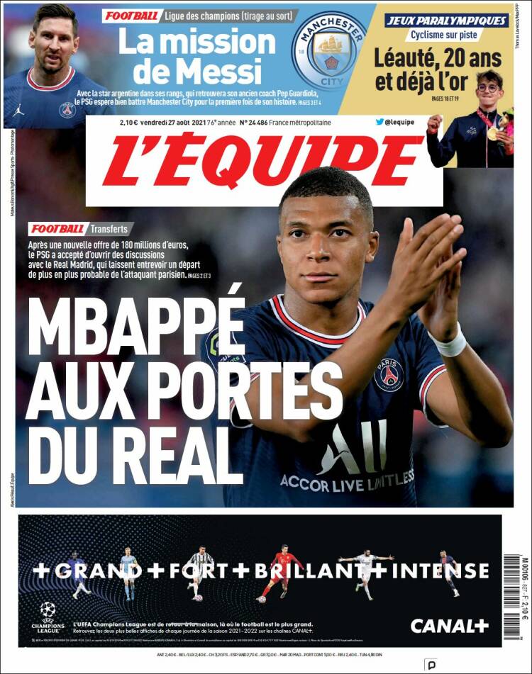 Portada de L'Equipe (Francia)
