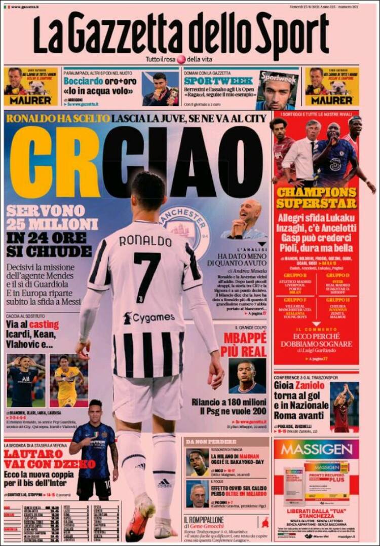 Portada de La Gazzetta dello Sport (Italia)