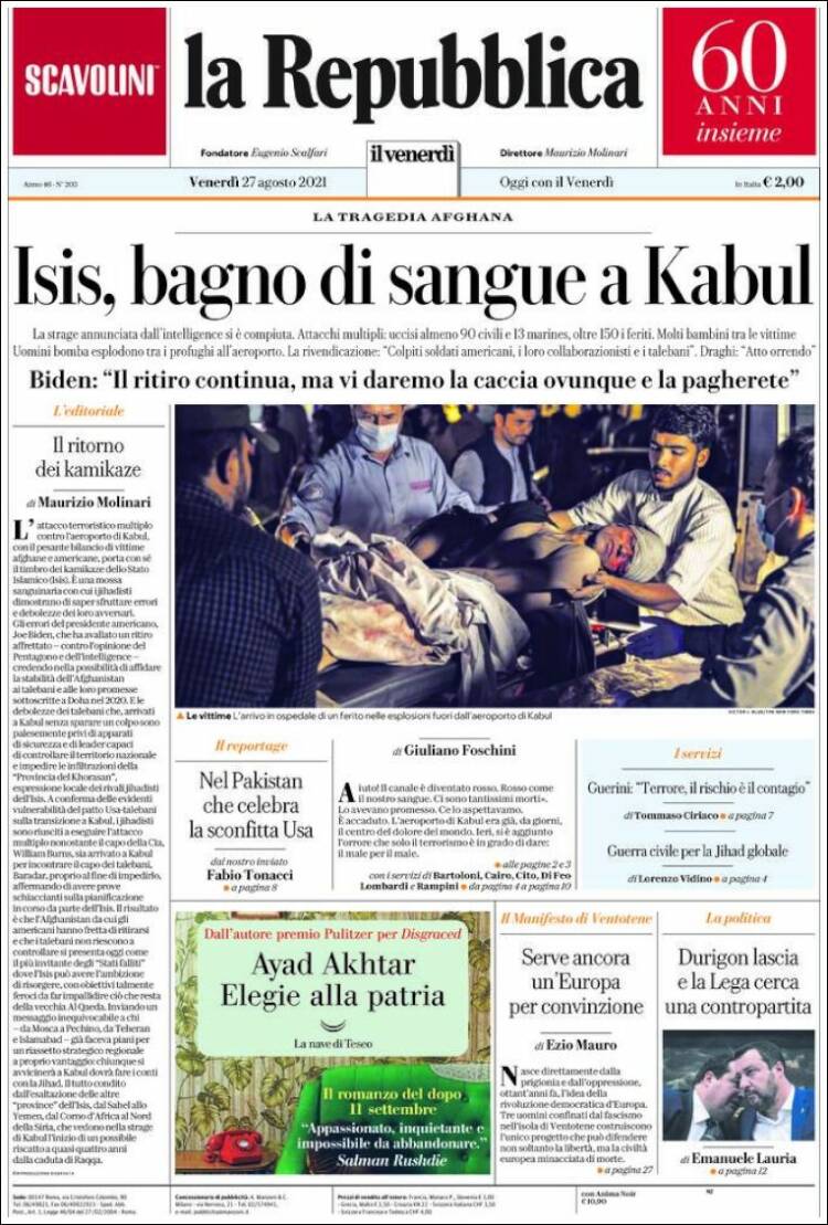Portada de La Repubblica (Italia)