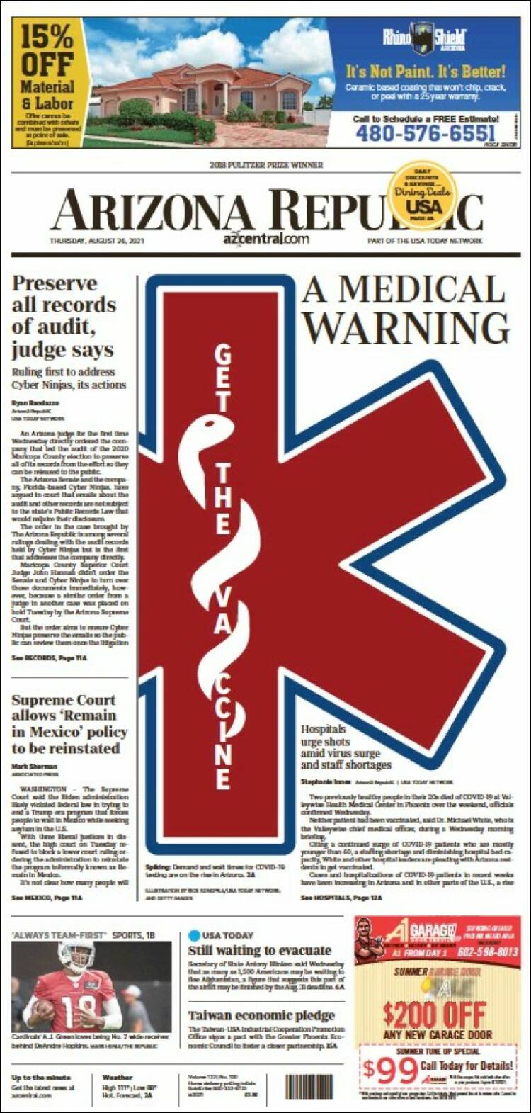 Portada de Arizona Republic News (USA)