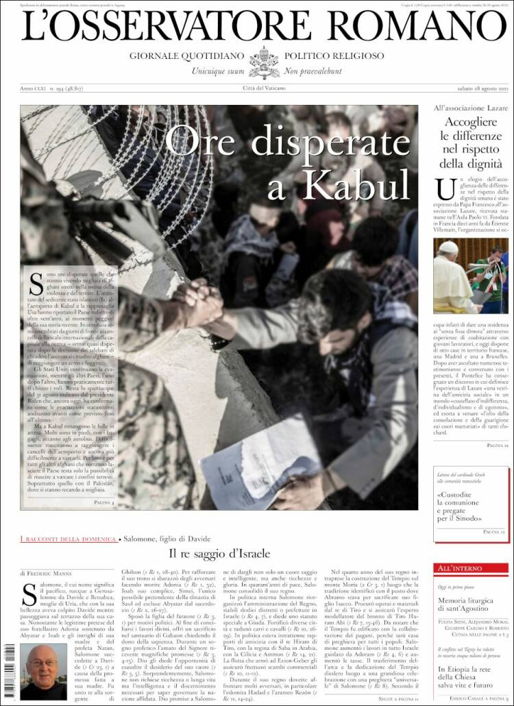 Portada de L'Osservatore Romano (Italie)