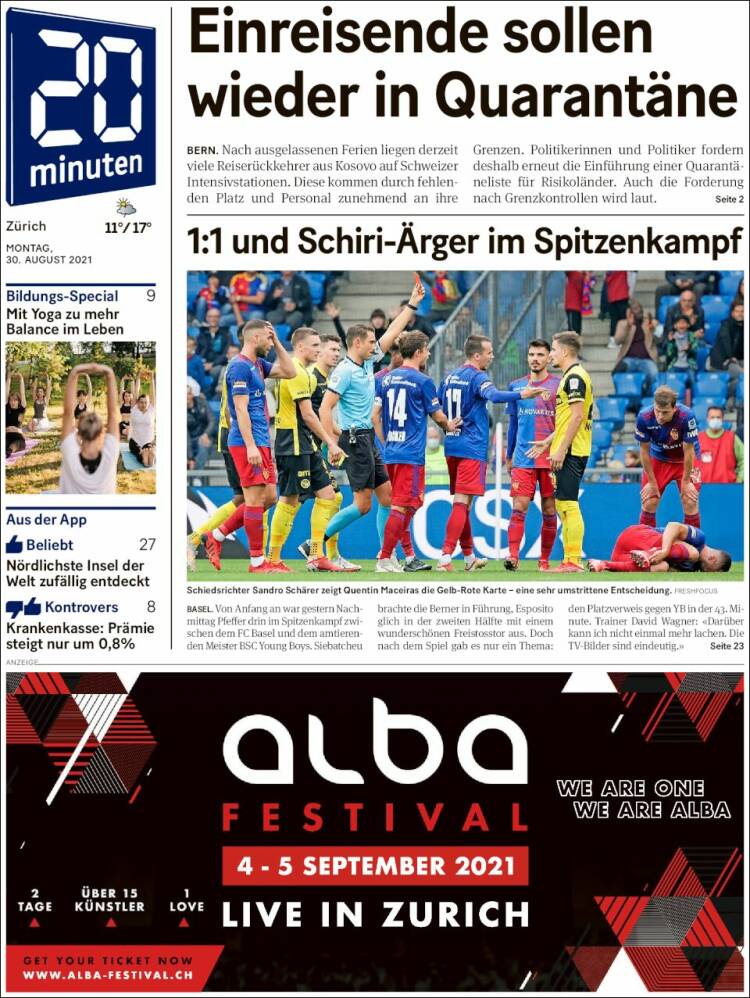 Portada de 20Minuten - Zürich (Suiza)