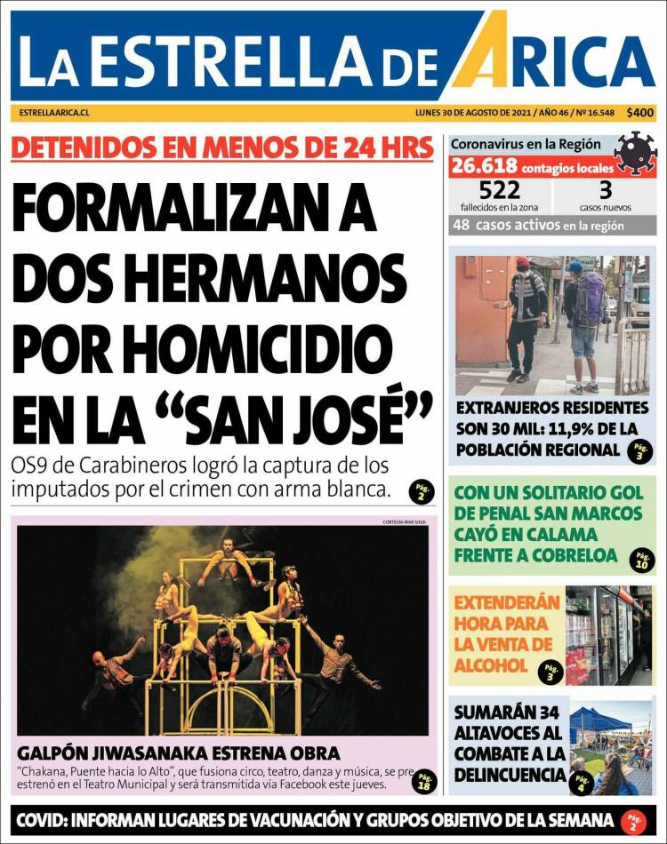 Portada de La Estrella de Arica (Chile)