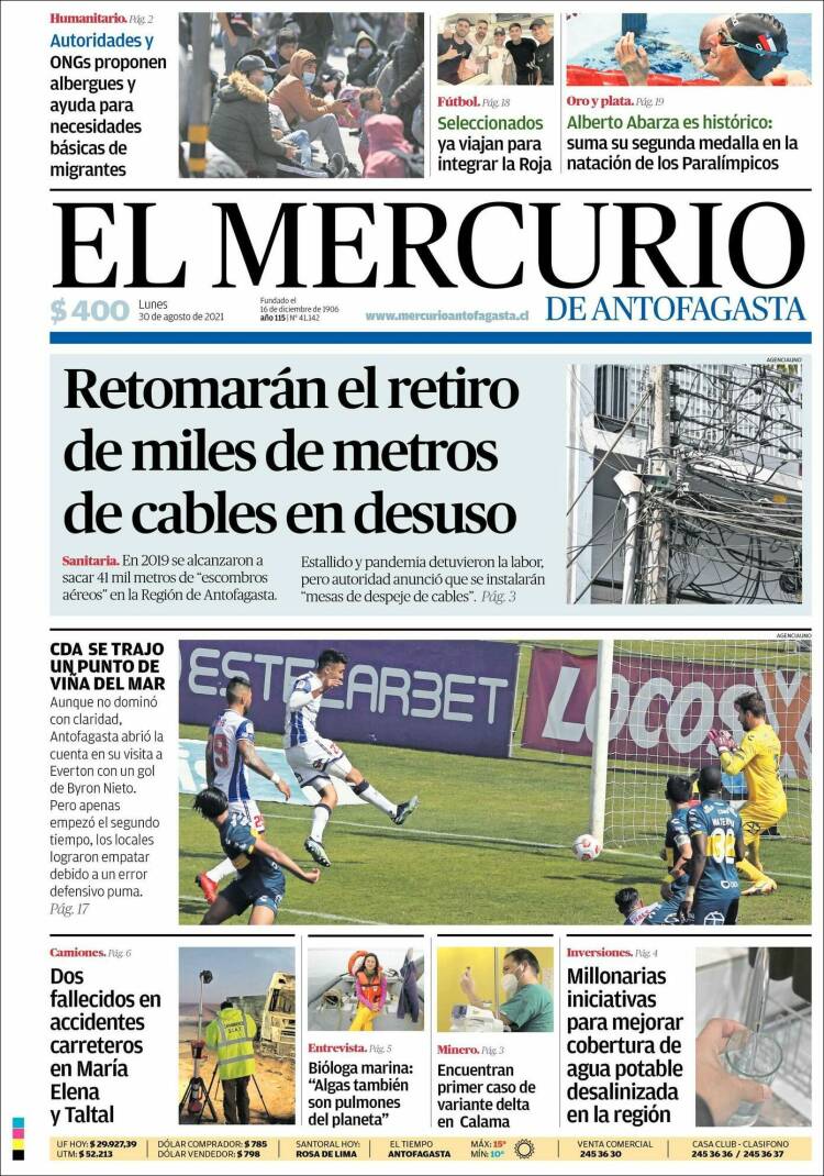 Portada de El Mercurio de Antofagasta (Chile)