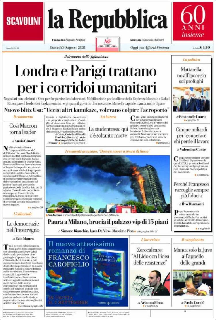 Portada de La Repubblica (Italia)