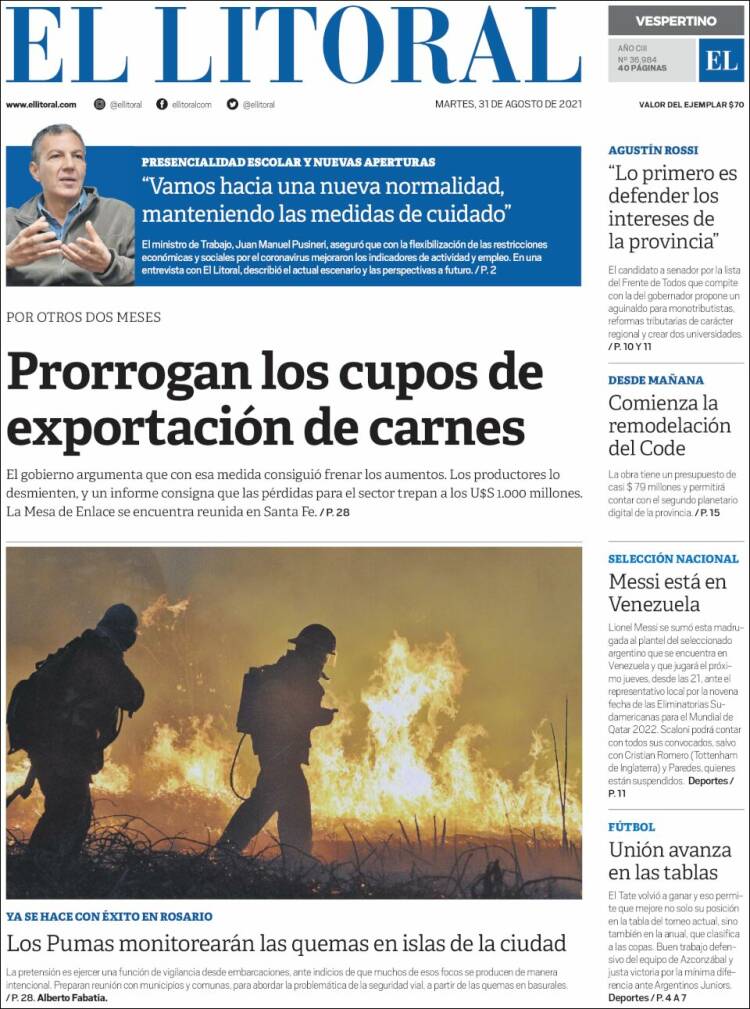 Portada de Diario El Litoral (Argentina)