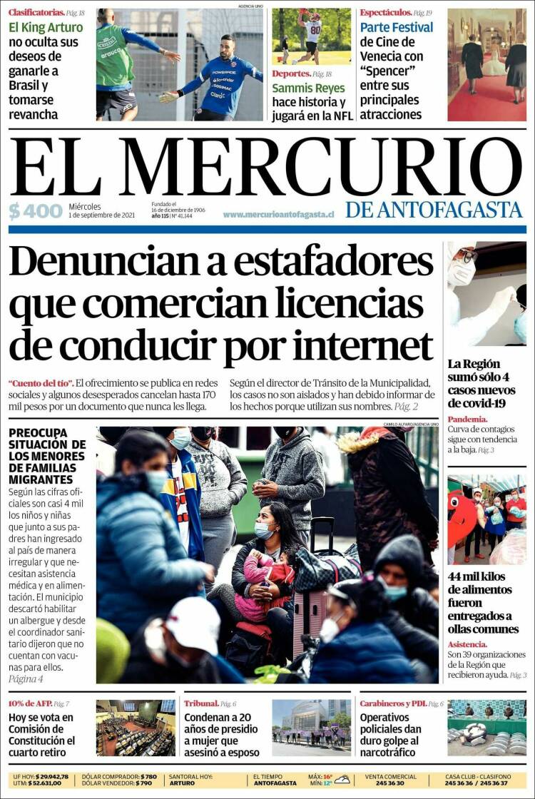 Portada de El Mercurio de Antofagasta (Chile)