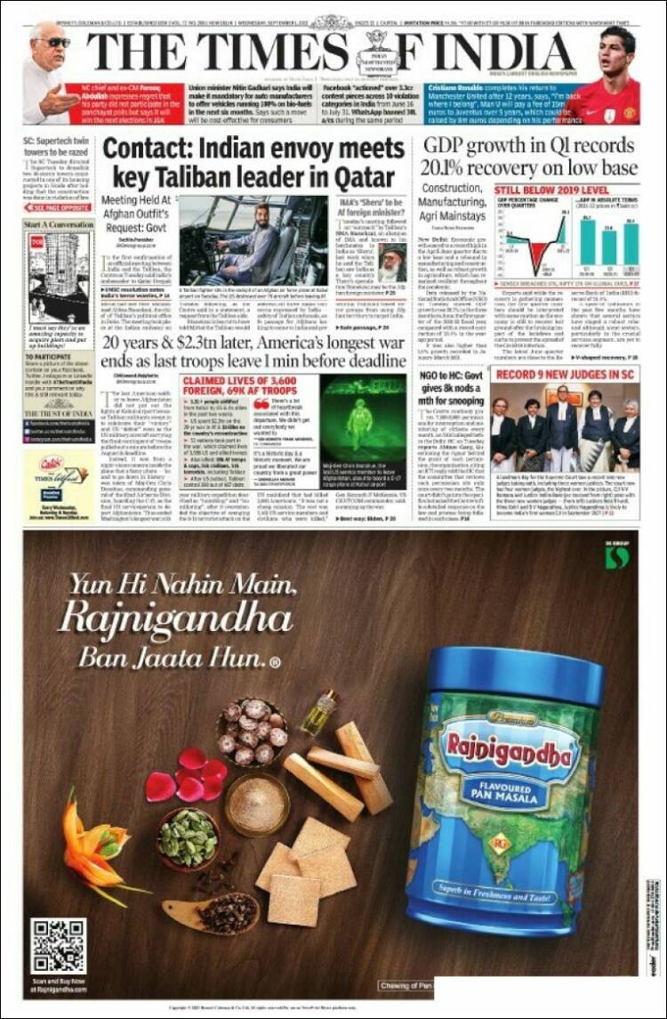 Portada de The Times of India (India)