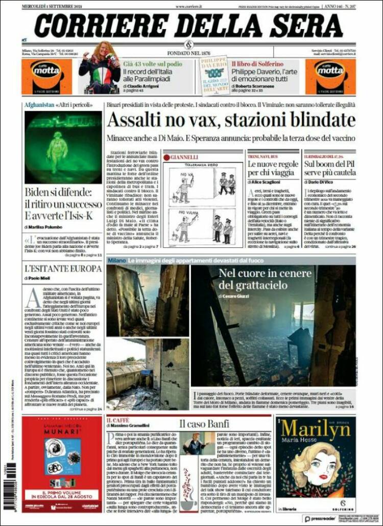 Portada de Corriere della Sera (Italia)