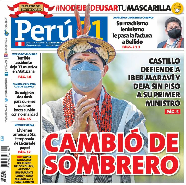 Portada de Perú 21 (Perú)