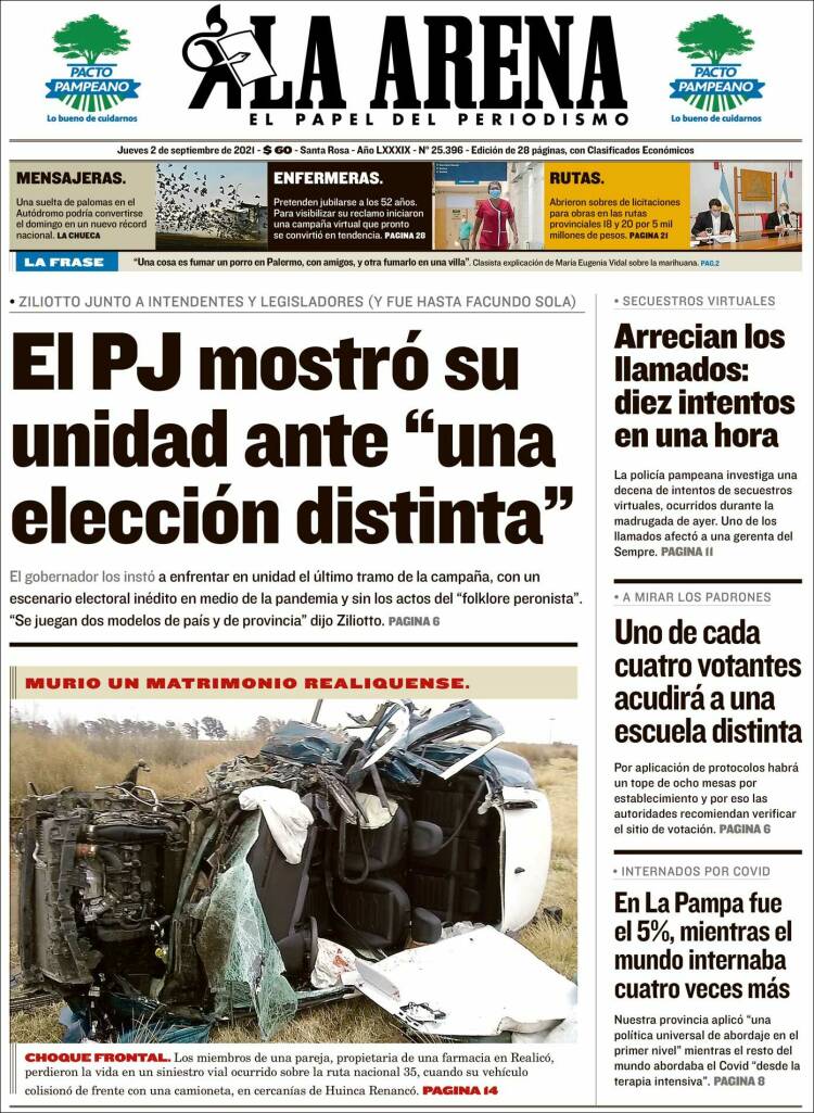Portada de Diario La Arena (Argentina)