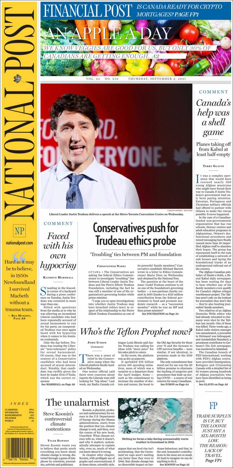 Portada de The National Post (Canadá)