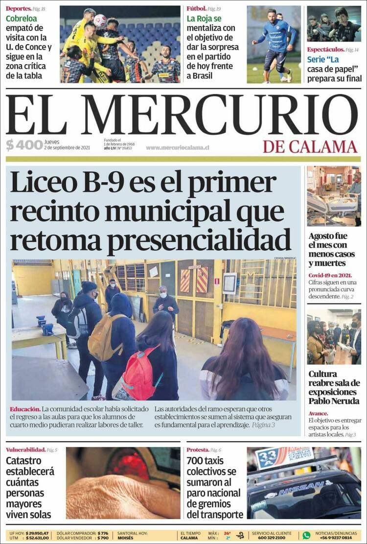 Portada de El Mercurio - Calama (Chile)