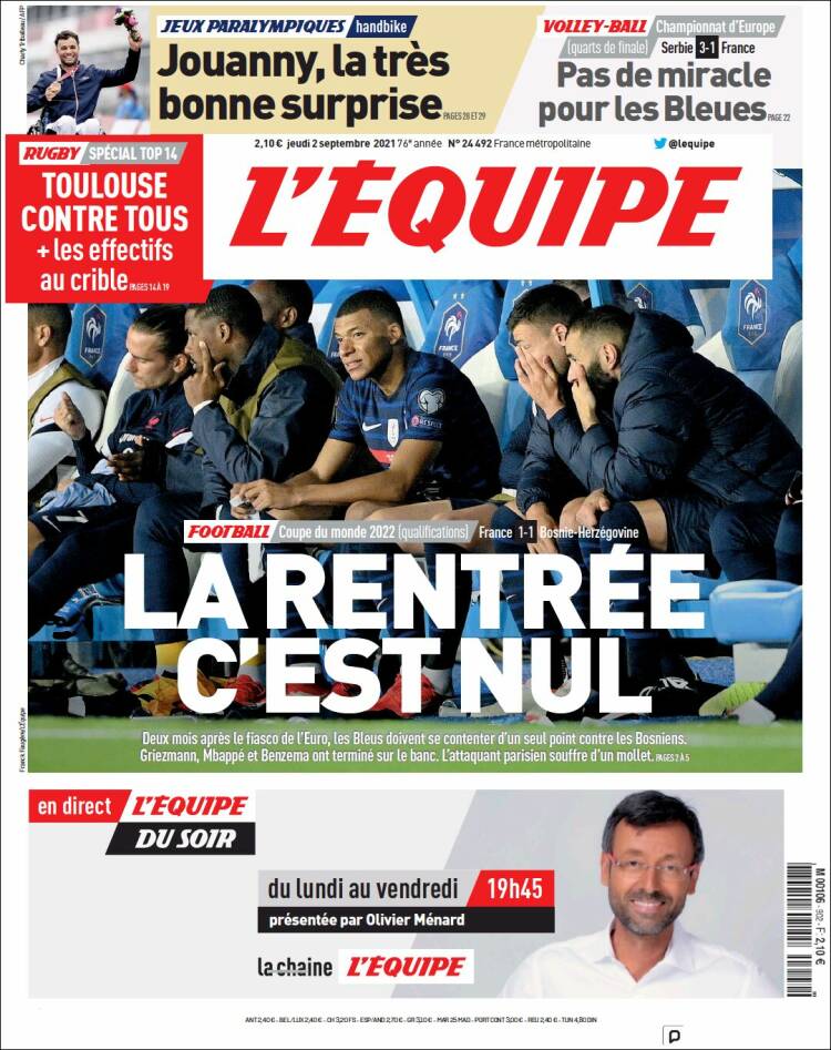 Portada de L'Equipe (Francia)