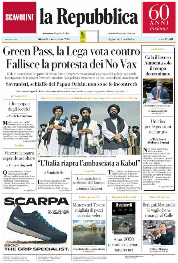 Portada de La Repubblica (Italia)