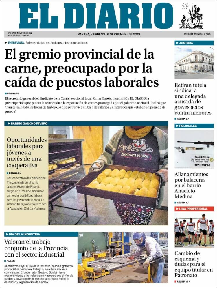 Portada de El Diario de Paraná (Argentina)