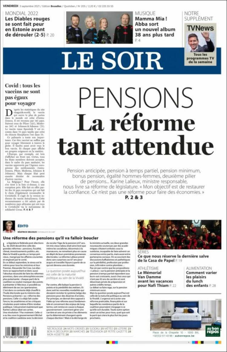 Portada de Le Soir (B&eacute;lgica)