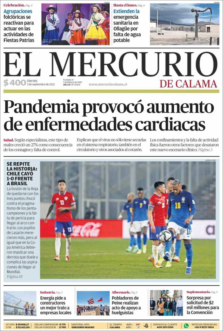 Portada de El Mercurio - Calama (Chile)