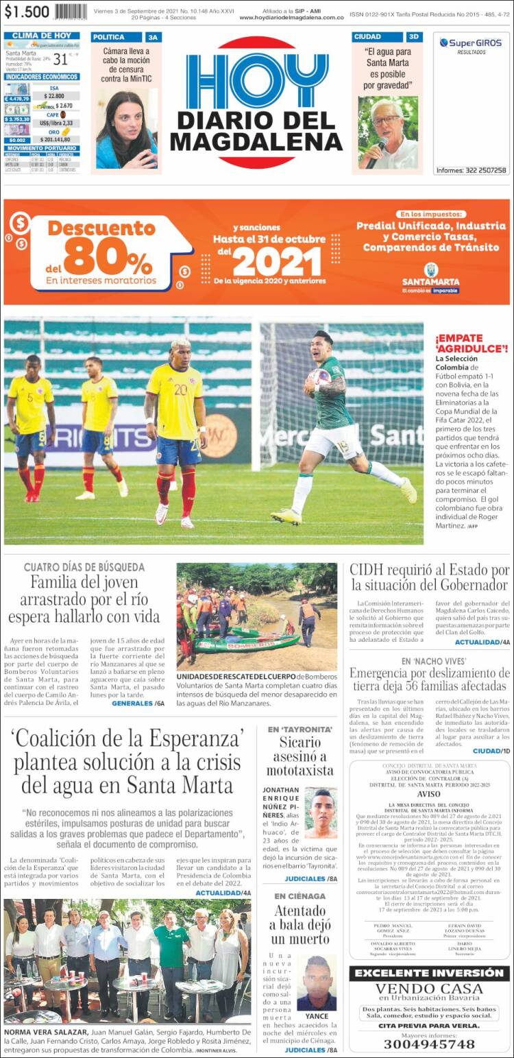 Portada de Hoy Diario del Magdalena (Colombia)