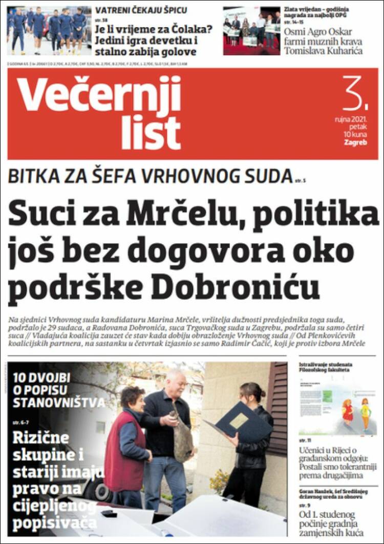 Portada de Večernji (Croacia)