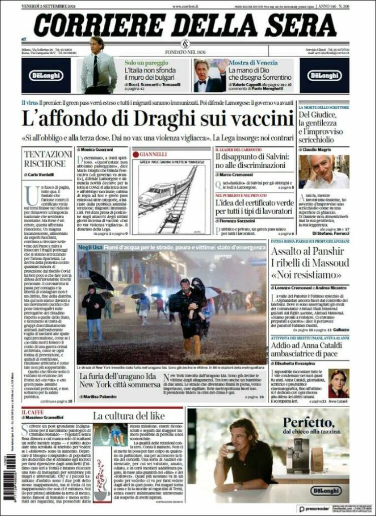 Portada de Corriere della Sera (Italia)