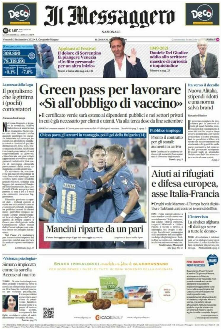 Portada de Il Messaggero (Italia)