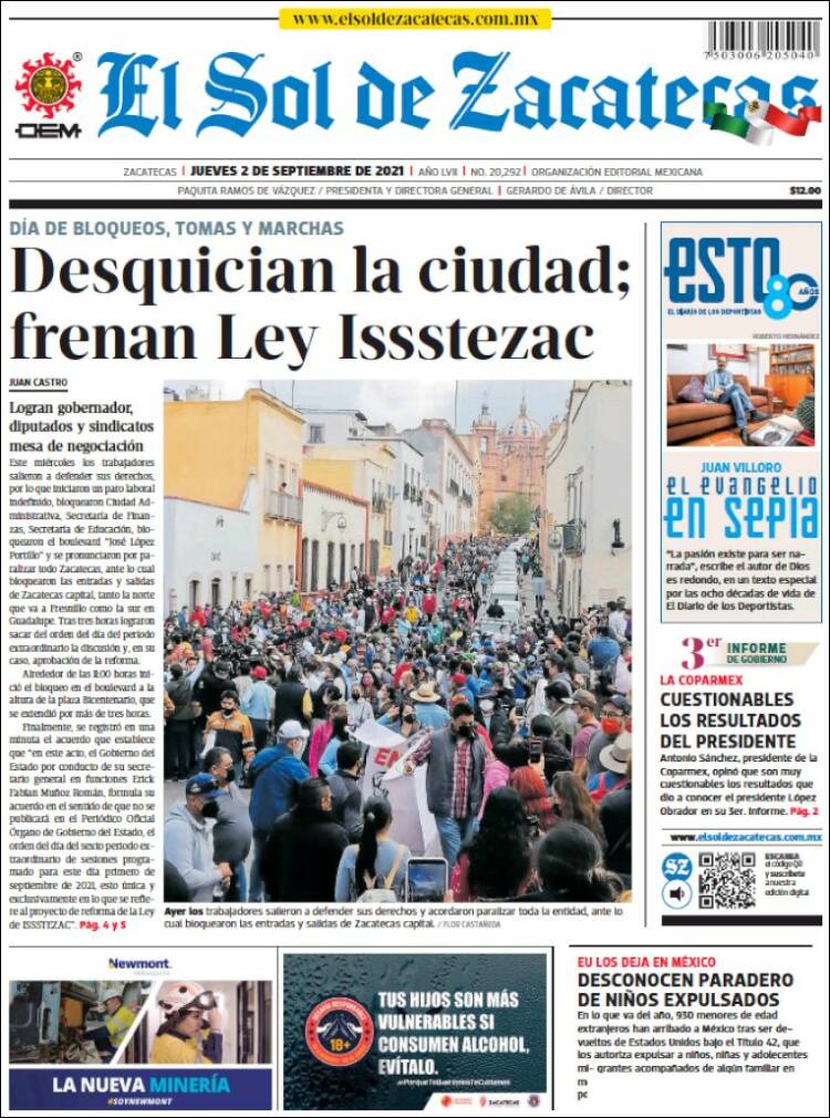 Portada de El Sol de Zacatecas (M&eacute;xico)