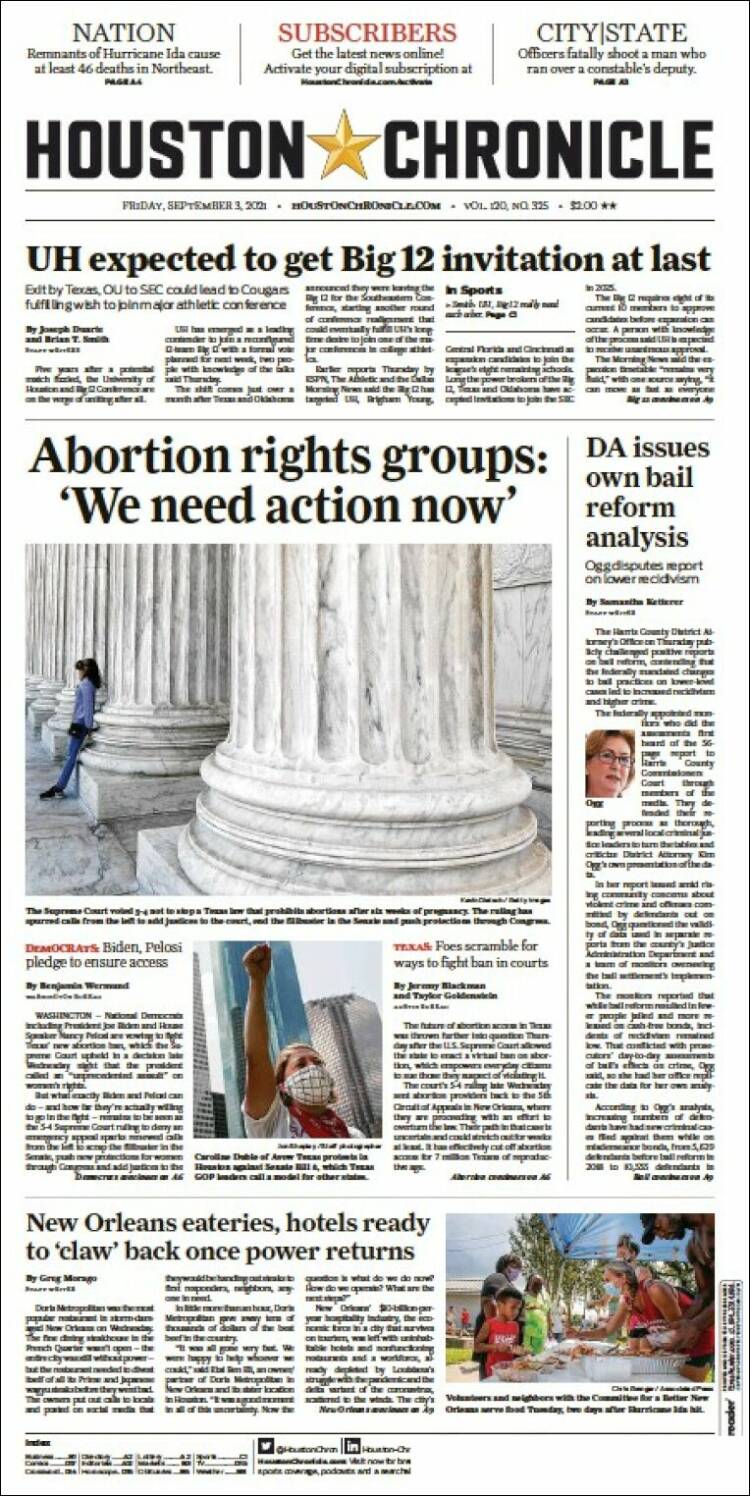 Portada de Houston Chronicle (USA)