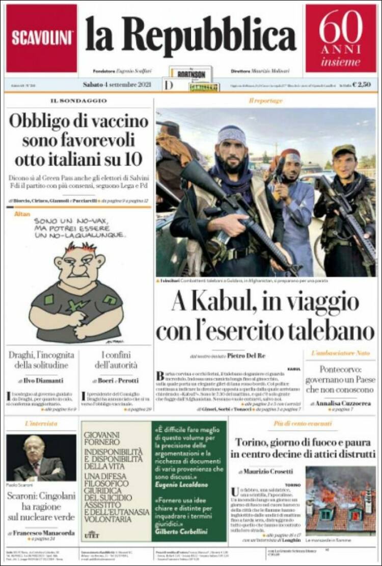 Portada de La Repubblica (Italia)