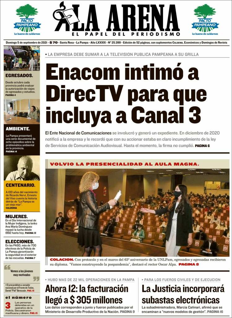 Portada de Diario La Arena (Argentina)