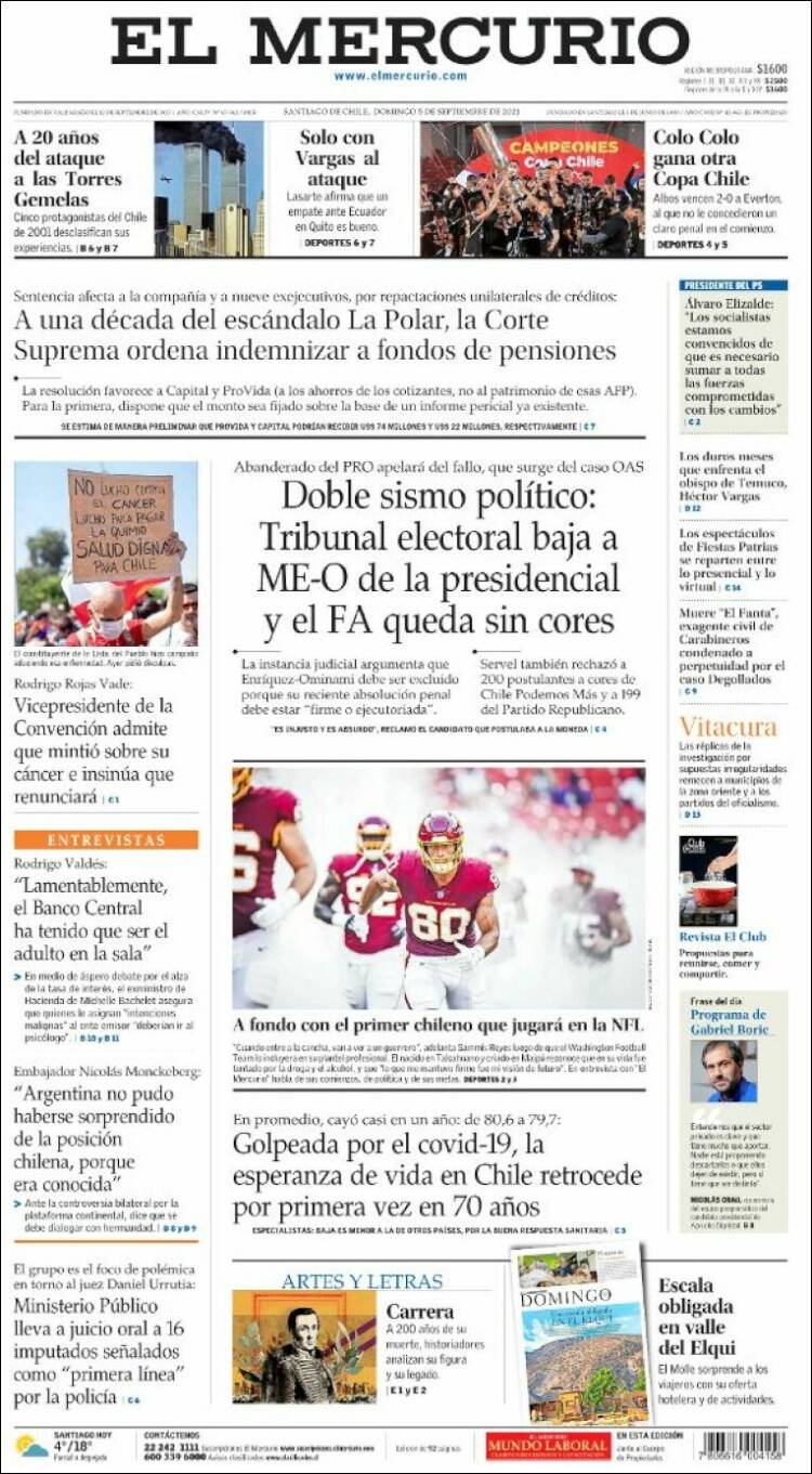 Portada de El Mercurio (Chile)