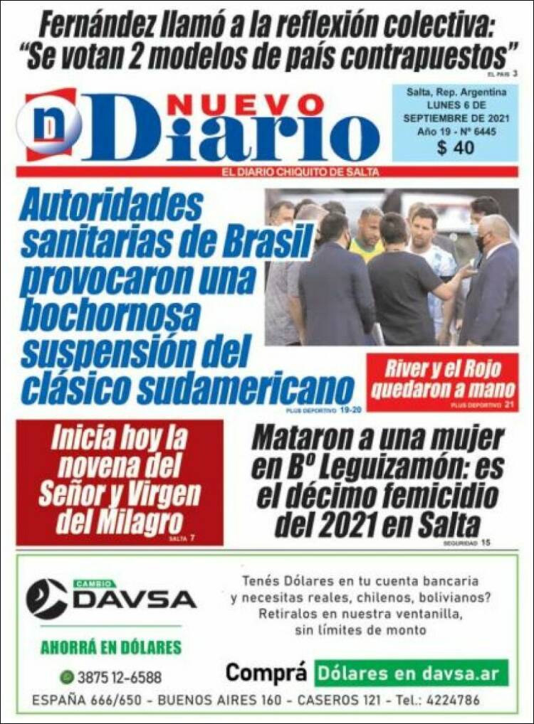 Portada de Nuevo Diario de Salta (Argentina)