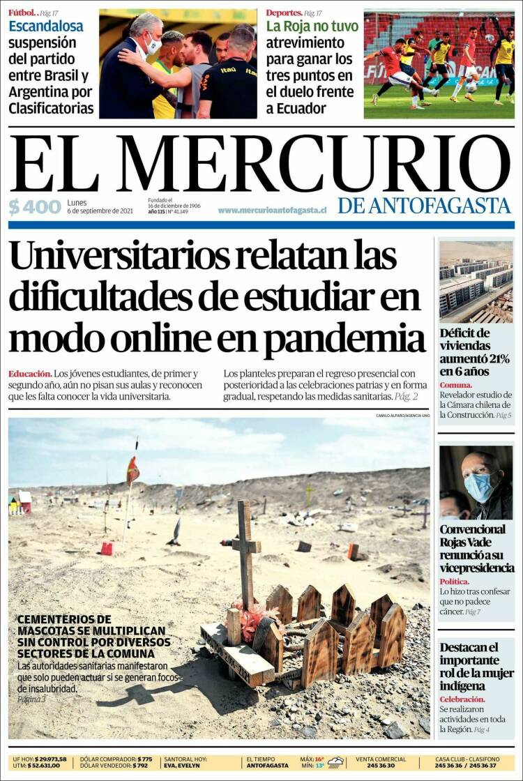 Portada de El Mercurio de Antofagasta (Chile)