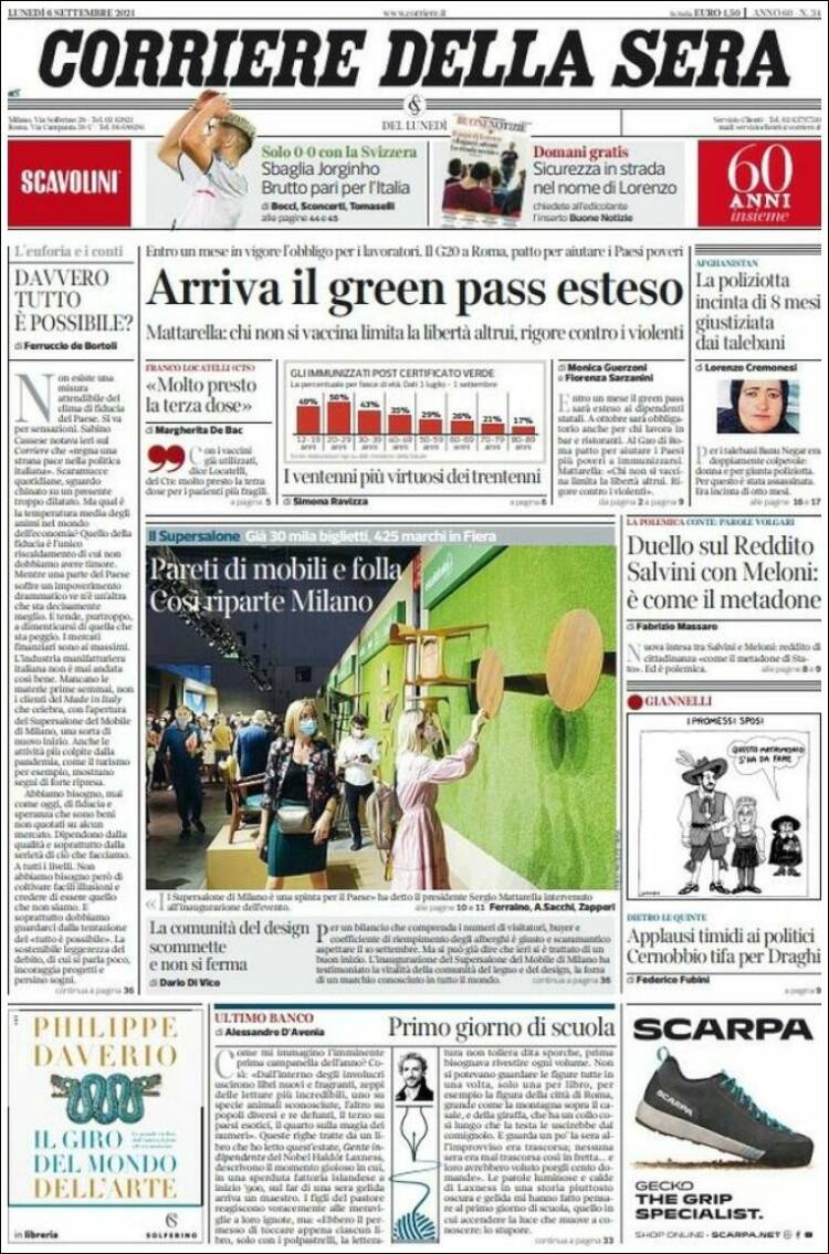 Portada de Corriere della Sera (Italia)