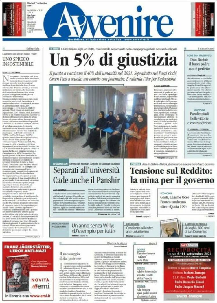 Portada de Avvenire (Italia)