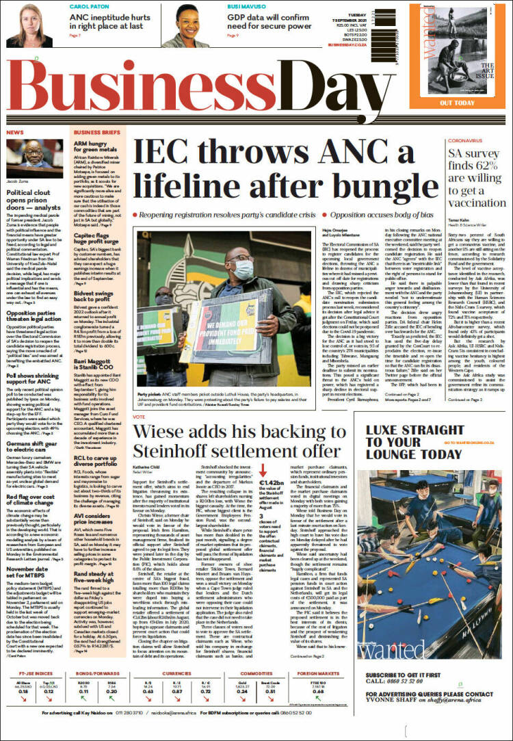 Portada de Business Day (Sud&aacute;frica)