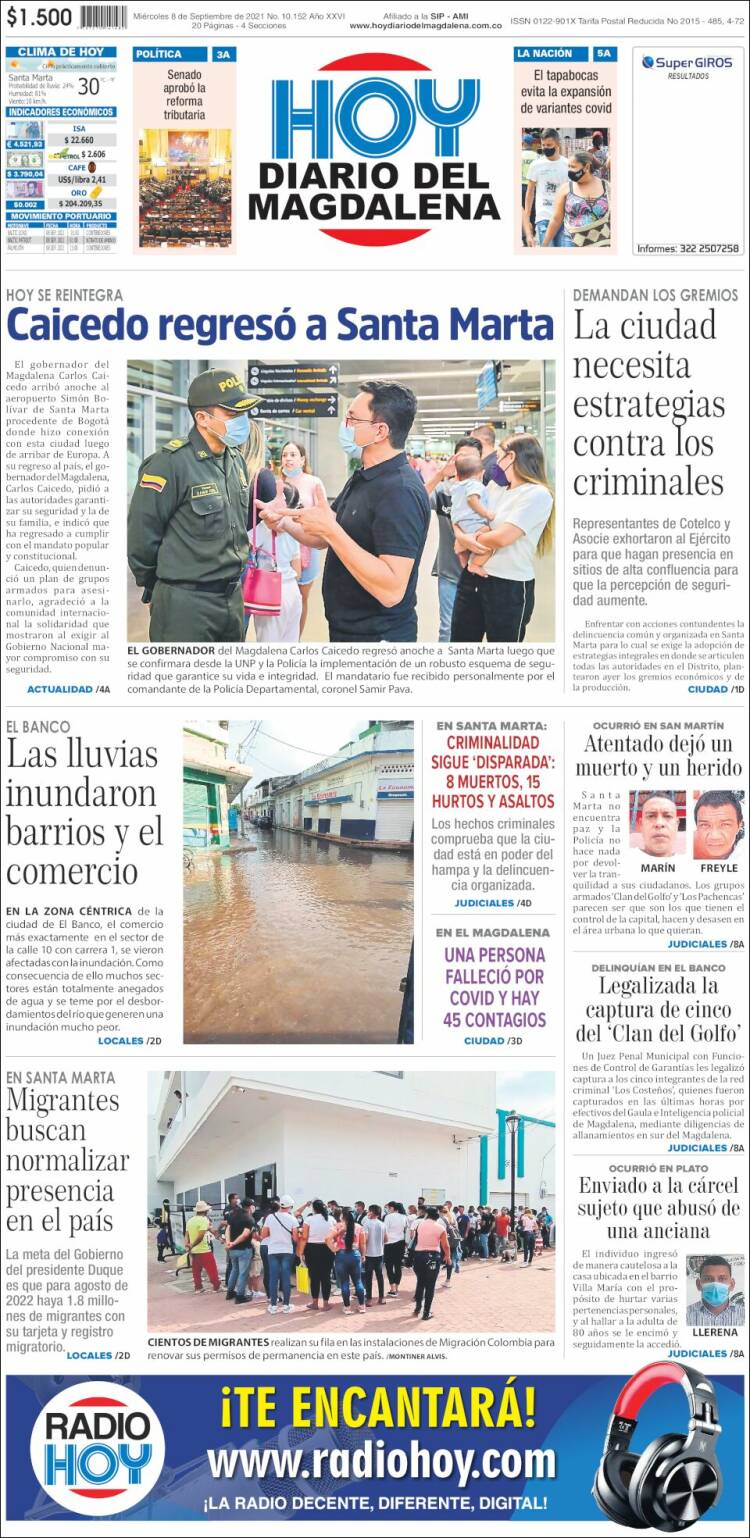 Portada de Hoy Diario del Magdalena (Colombia)