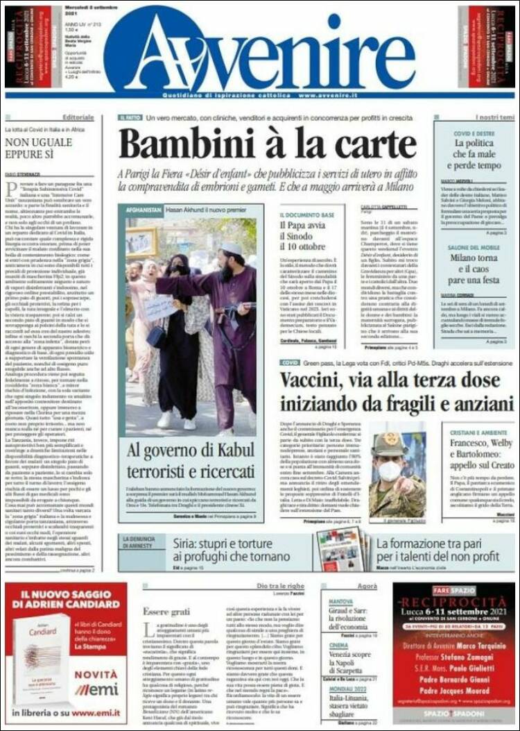 Portada de Avvenire (Italia)