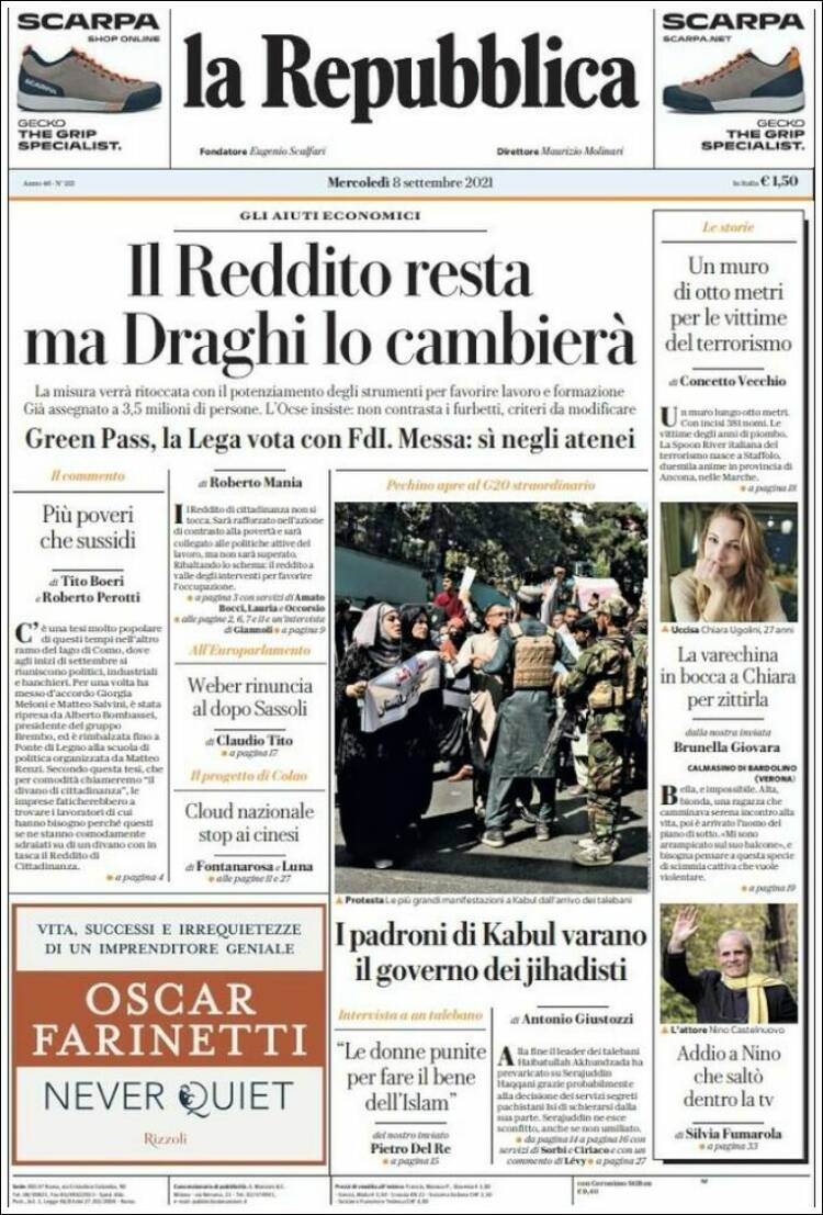 Portada de La Repubblica (Italia)