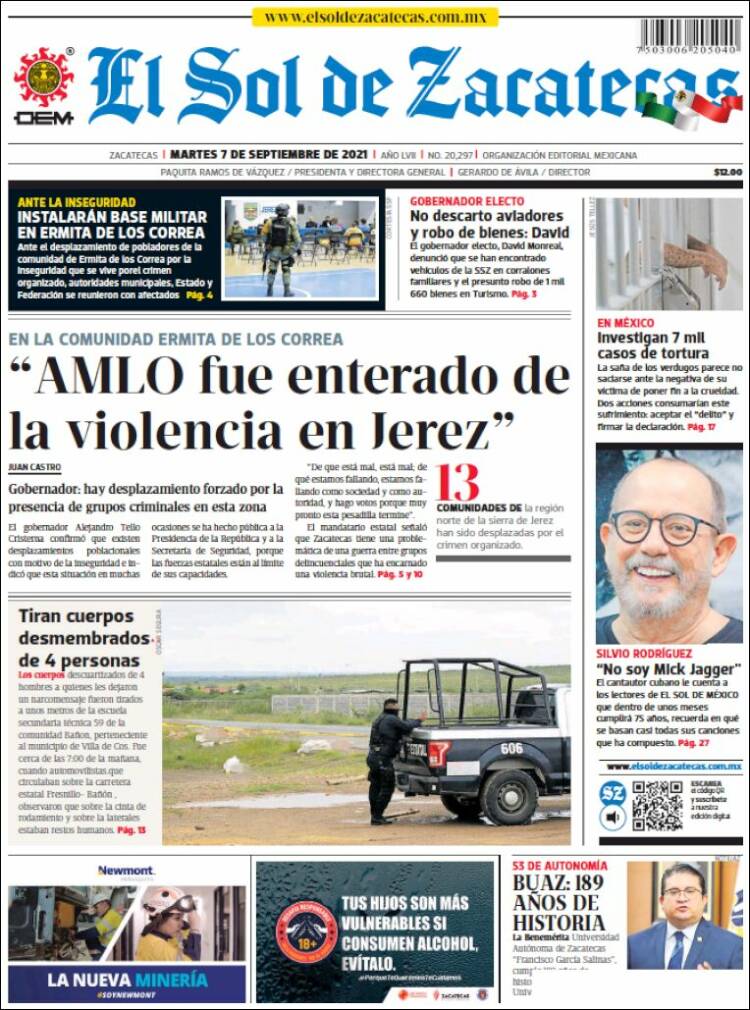 Portada de El Sol de Zacatecas (M&eacute;xico)