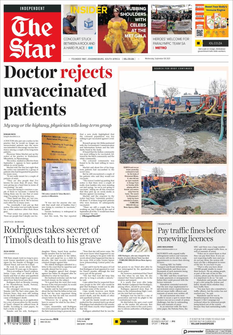 Portada de The Star (Sud&aacute;frica)