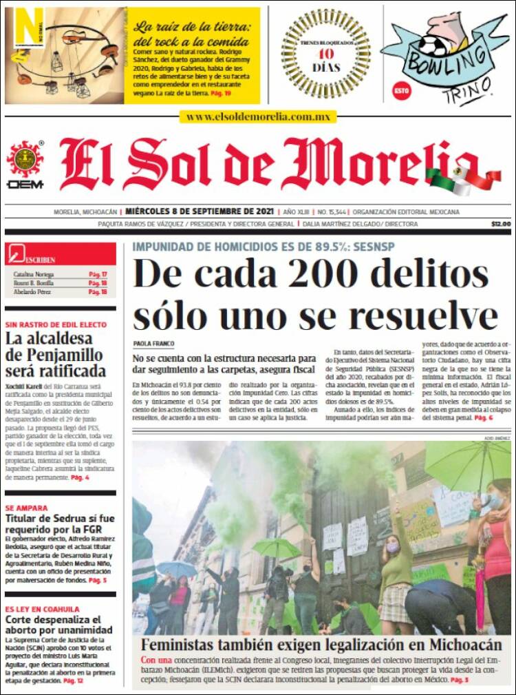 Portada de El Sol de Morelia (México)