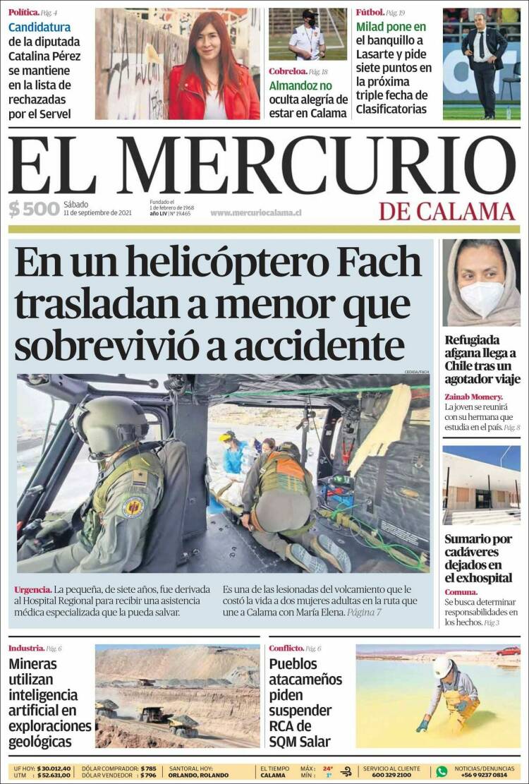 Portada de El Mercurio - Calama (Chile)